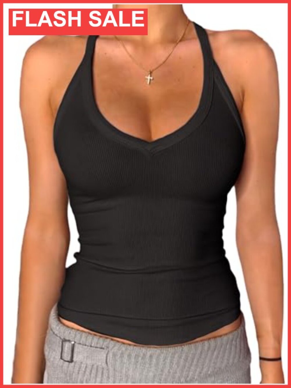 V-Neck Racerback Tank Top Padded Fitted Long Cami Cotton Blend